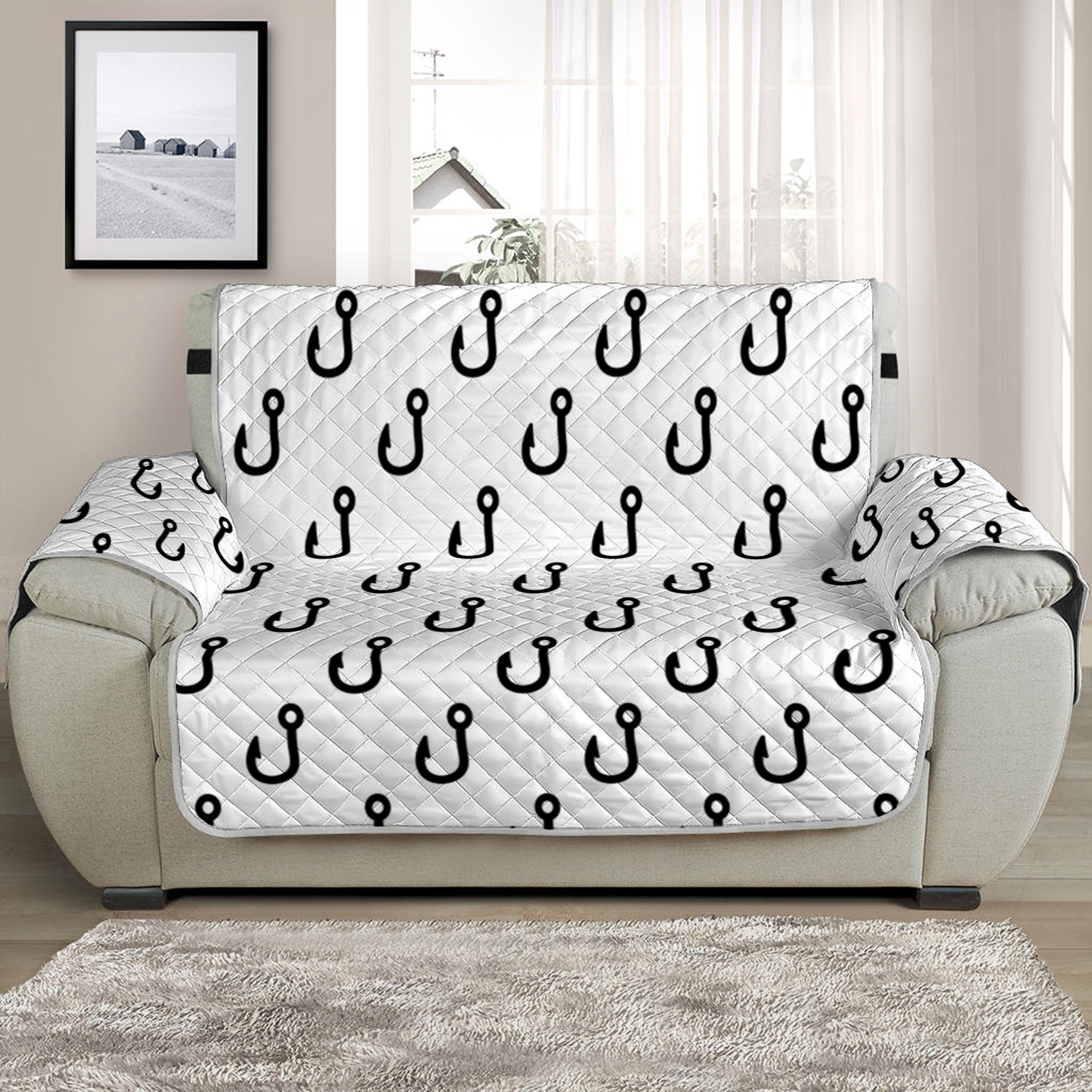 White And Black Fishing Hooks Print Half Sofa Protector