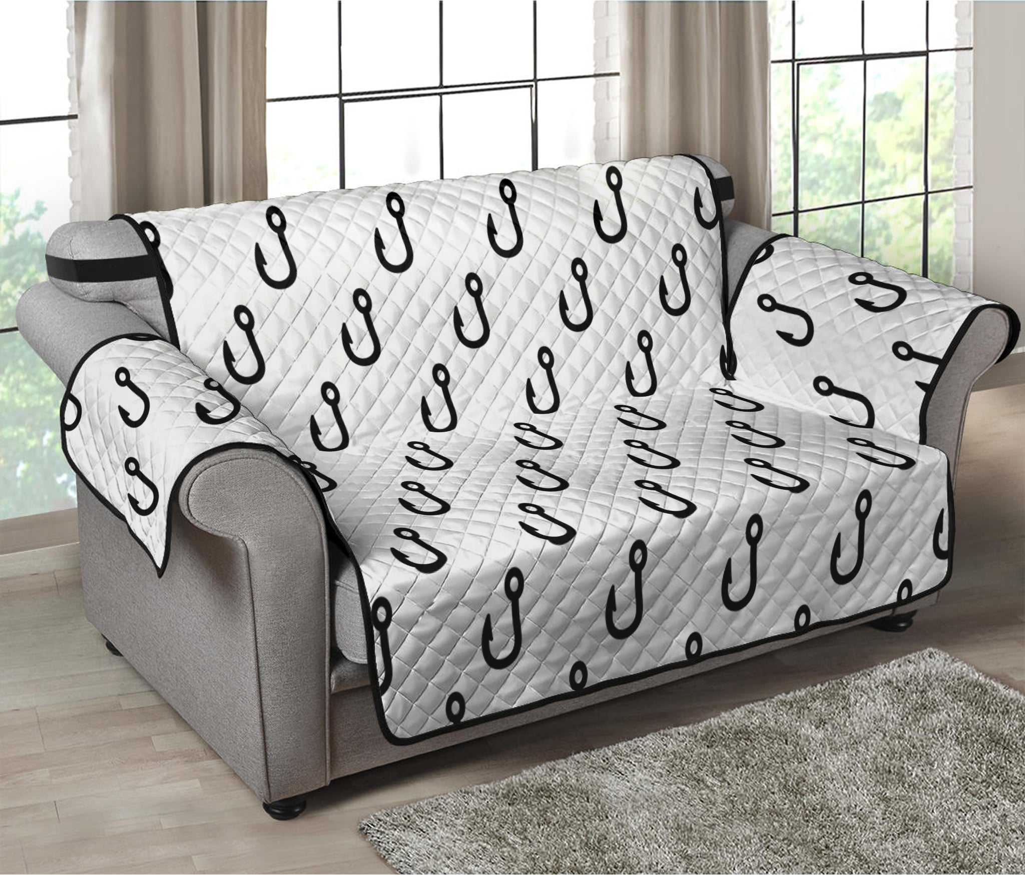 White And Black Fishing Hooks Print Loveseat Protector