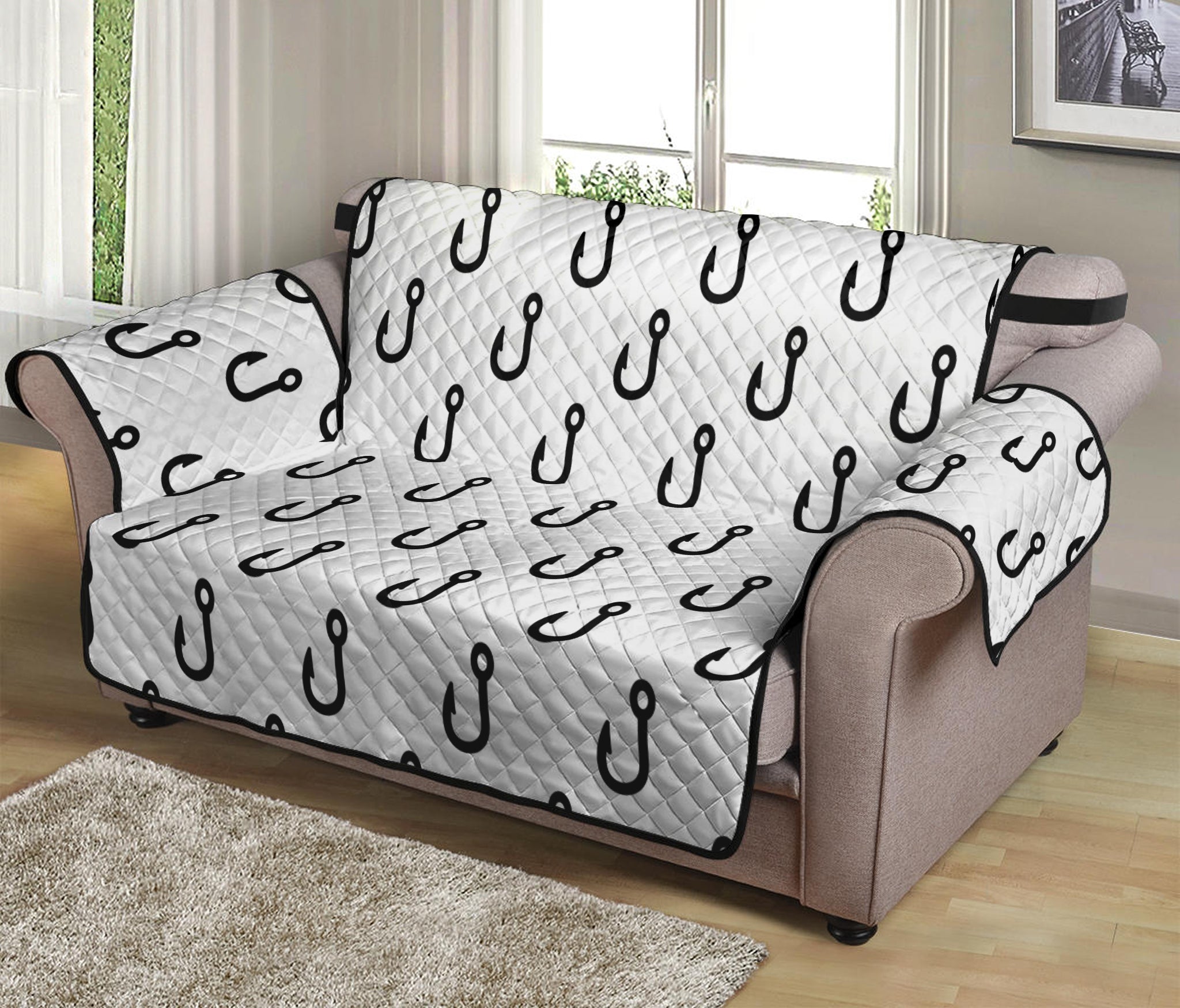 White And Black Fishing Hooks Print Loveseat Protector