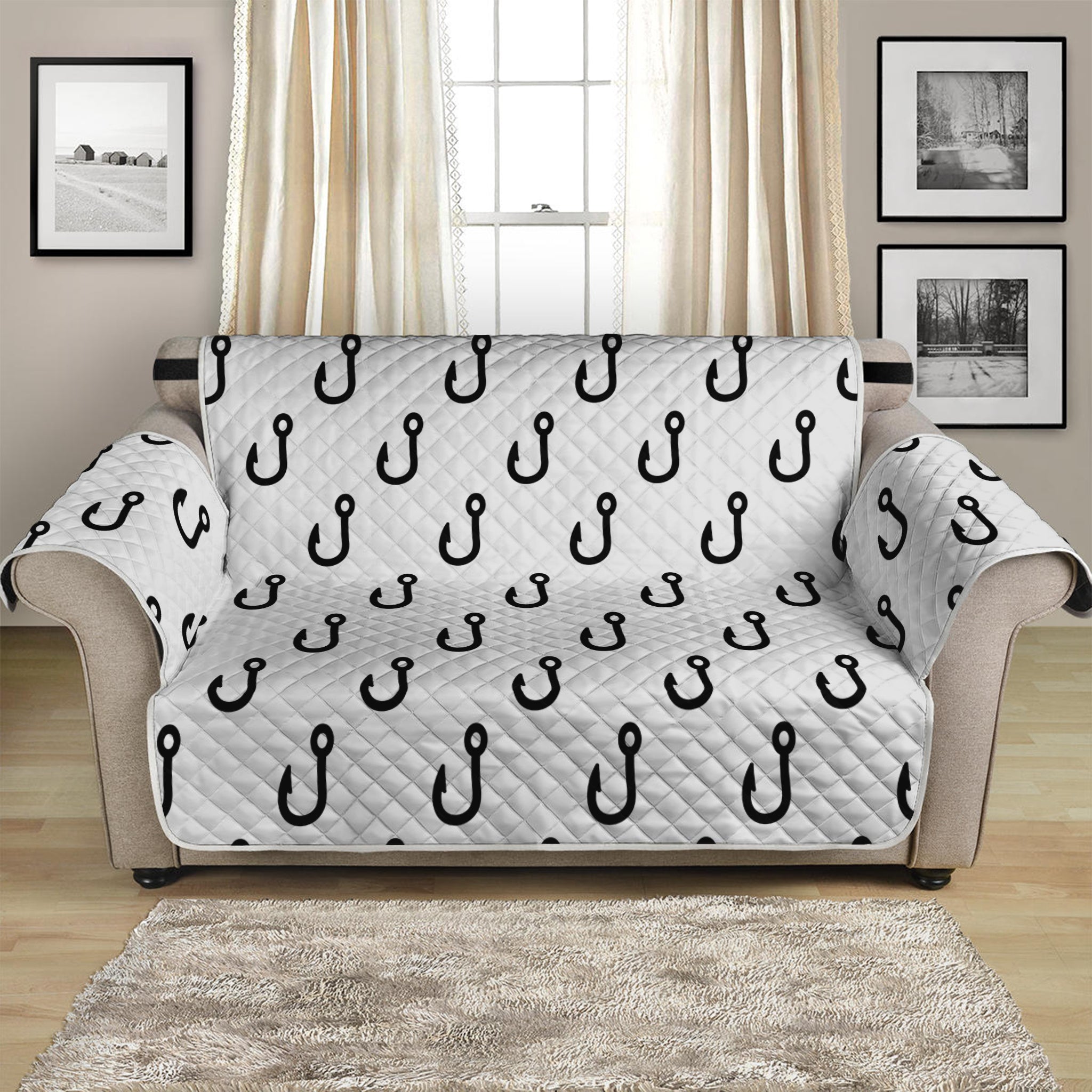 White And Black Fishing Hooks Print Loveseat Protector