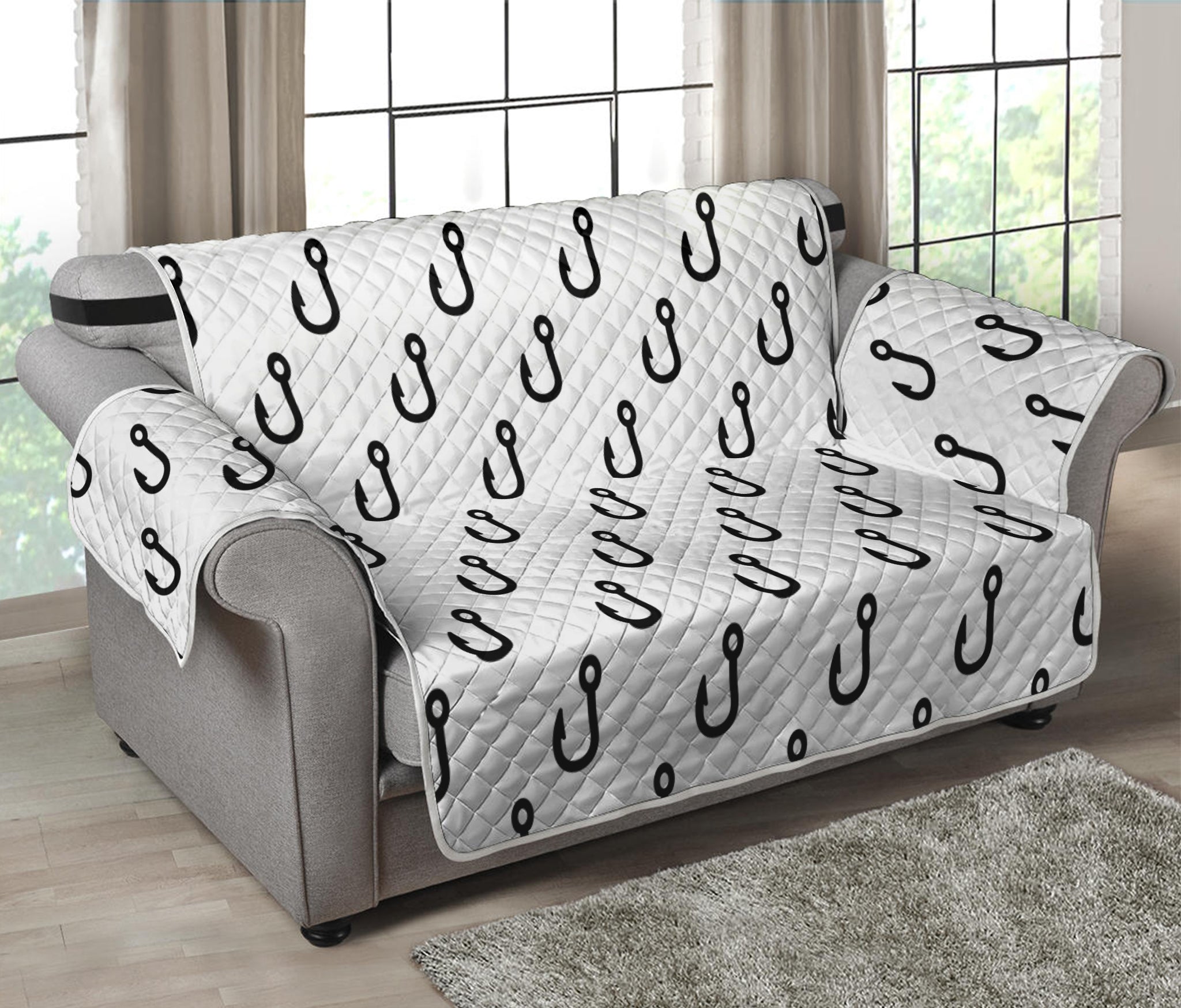 White And Black Fishing Hooks Print Loveseat Protector