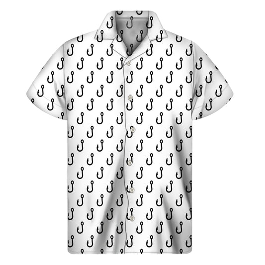 White And Black Fishing Hooks Print Men's Short Sleeve Shirt