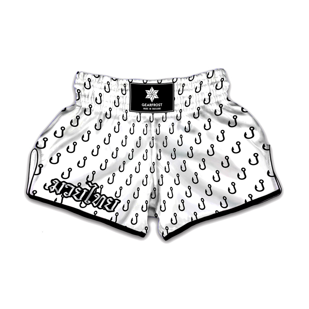 White And Black Fishing Hooks Print Muay Thai Boxing Shorts