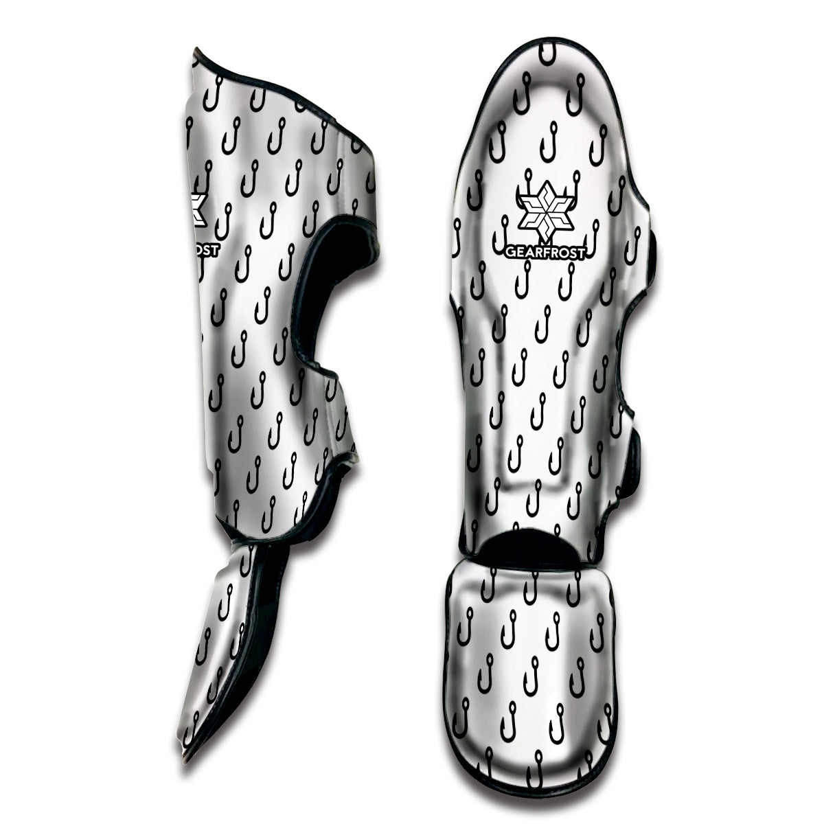 White And Black Fishing Hooks Print Muay Thai Shin Guard