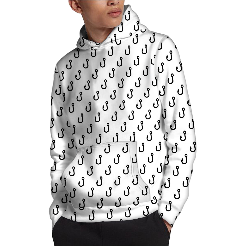 White And Black Fishing Hooks Print Pullover Hoodie