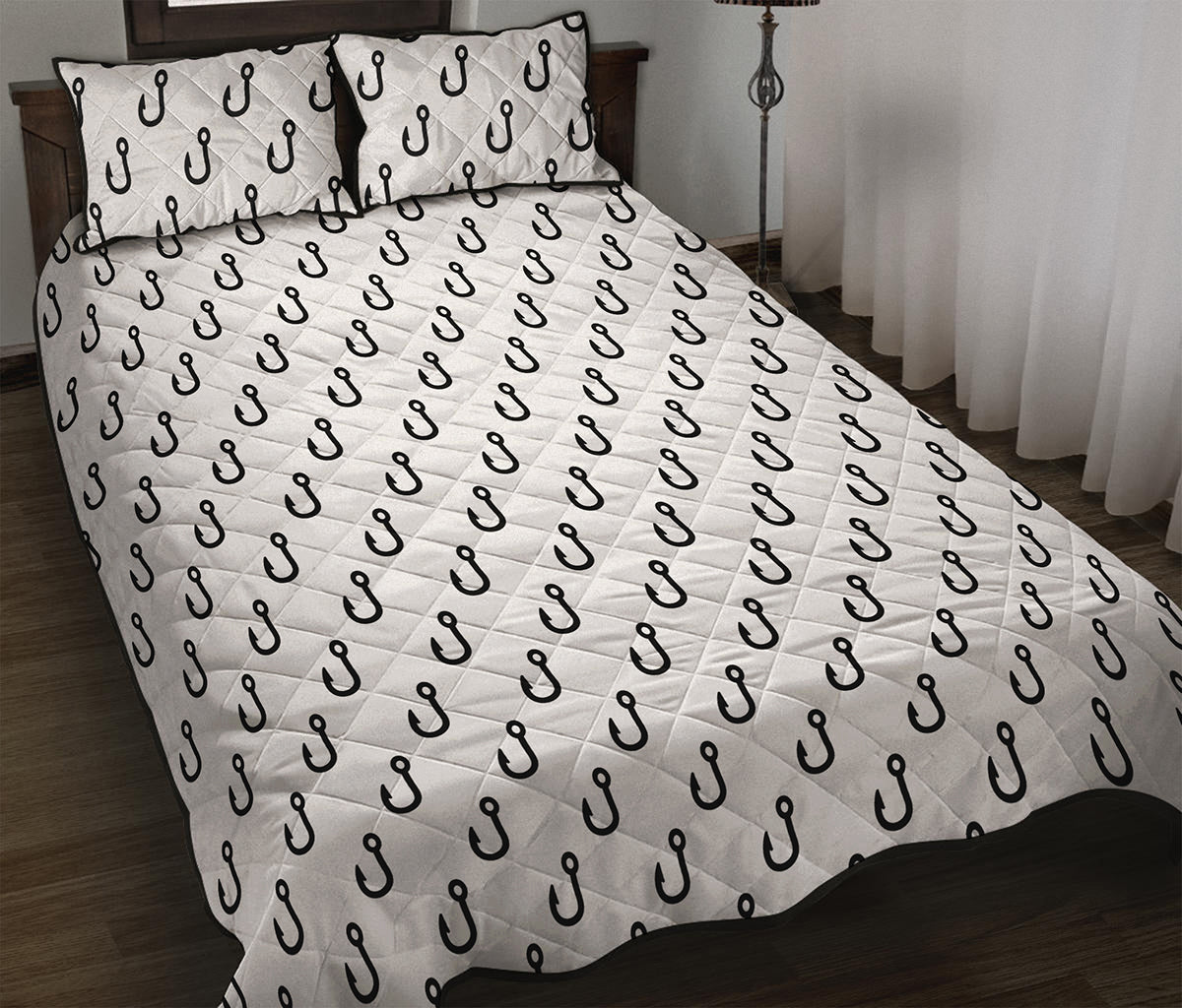 White And Black Fishing Hooks Print Quilt Bed Set