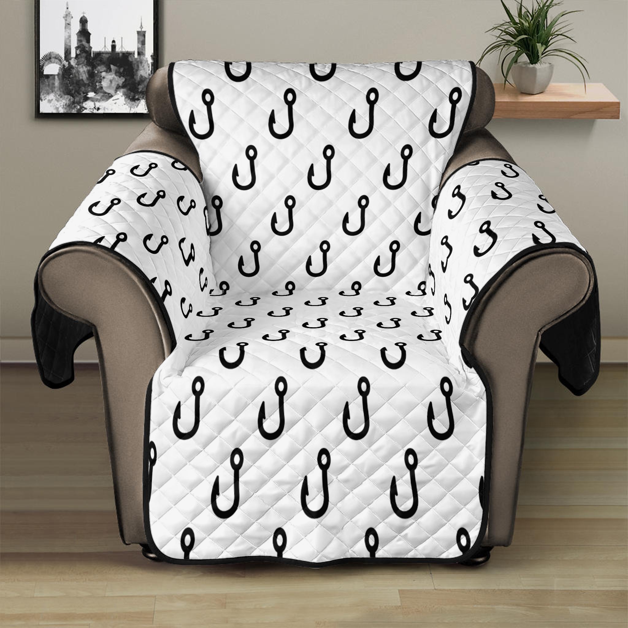 White And Black Fishing Hooks Print Recliner Protector