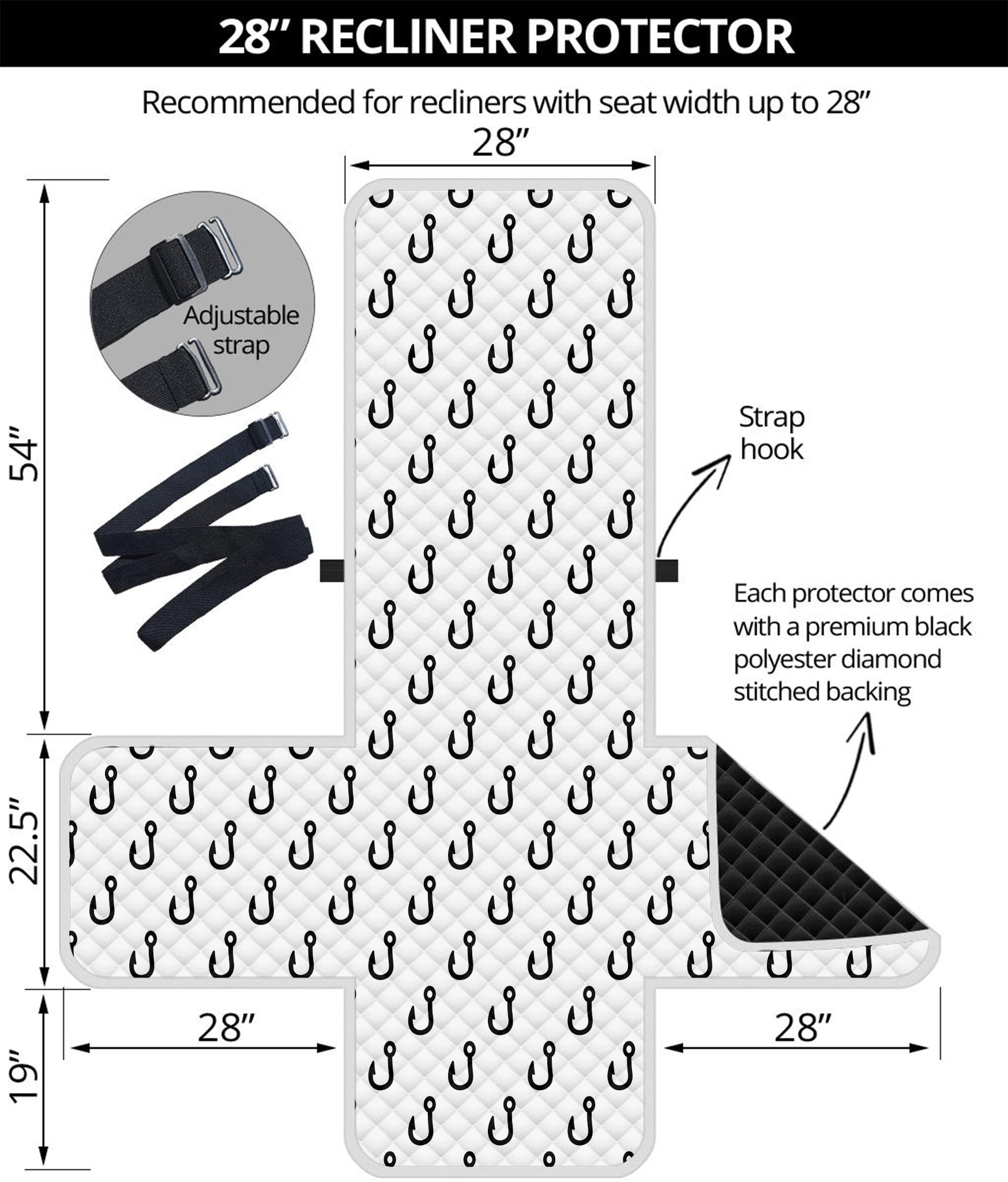 White And Black Fishing Hooks Print Recliner Protector