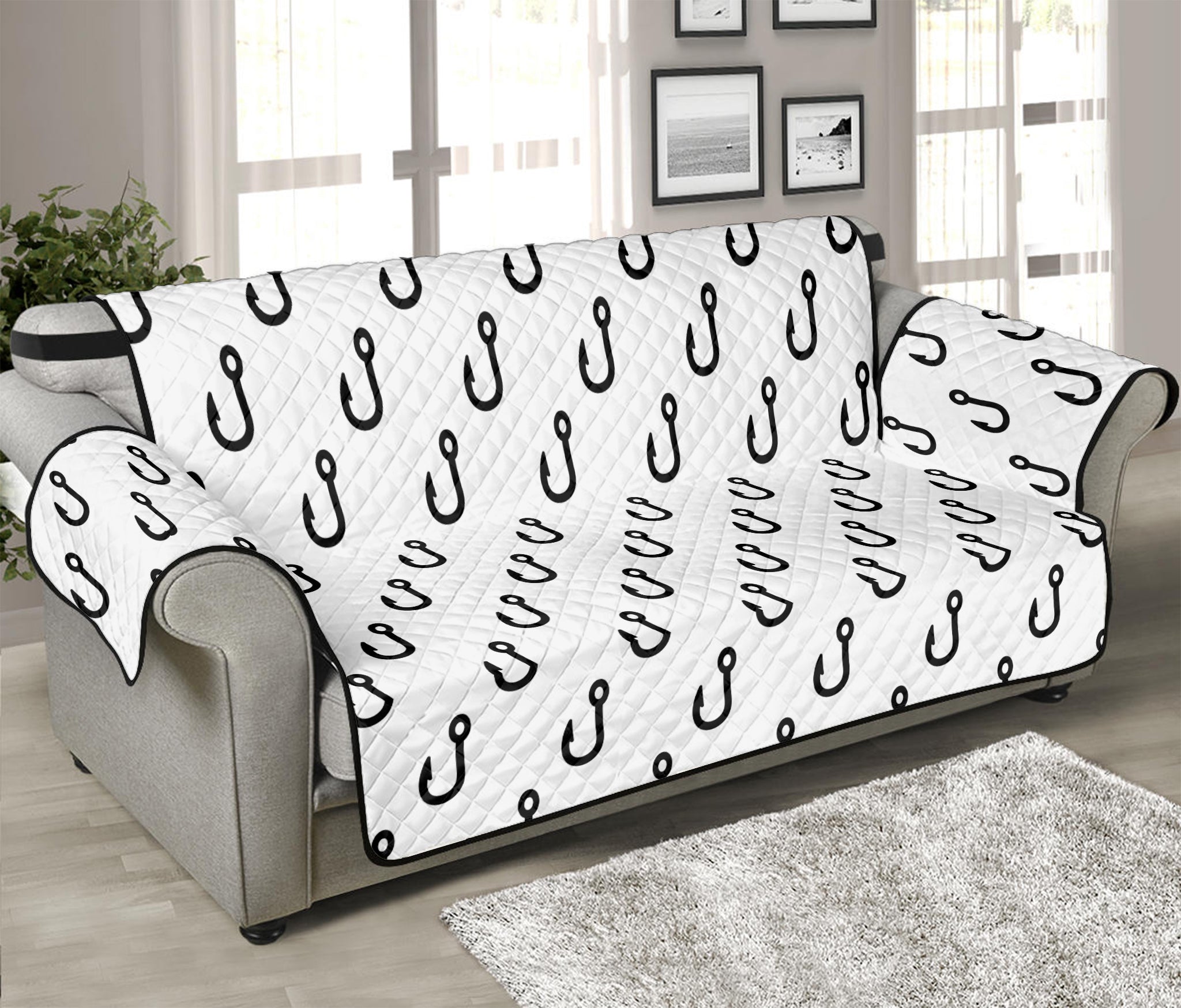 White And Black Fishing Hooks Print Sofa Protector