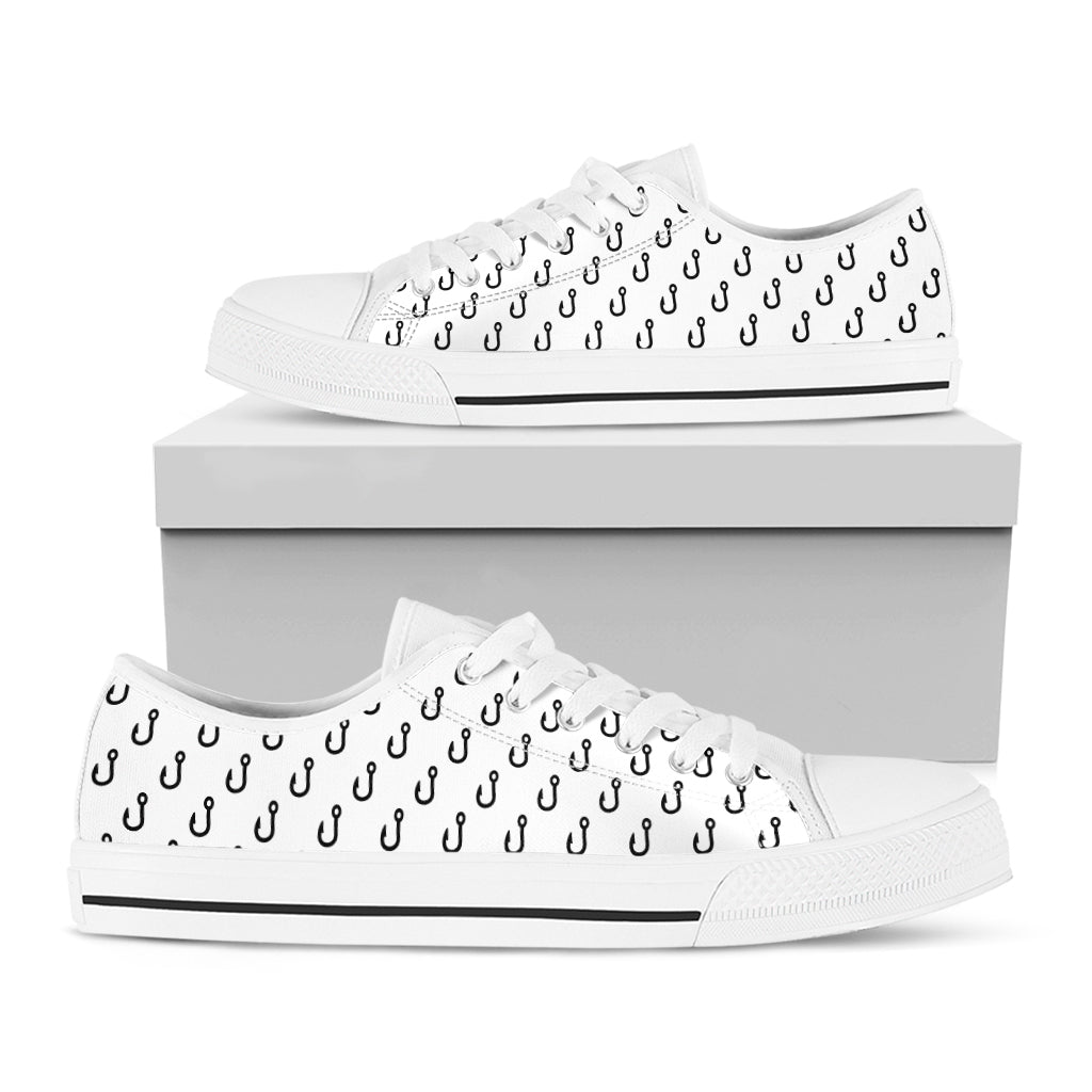 White And Black Fishing Hooks Print White Low Top Shoes