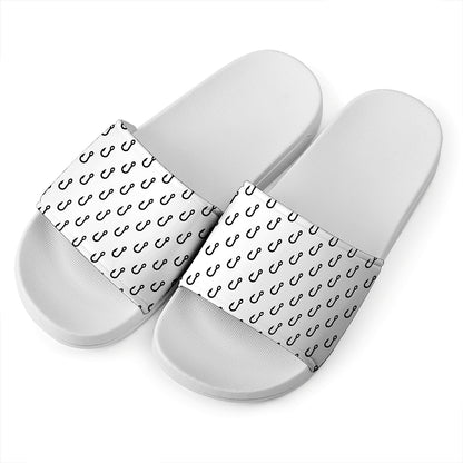White And Black Fishing Hooks Print White Slide Sandals