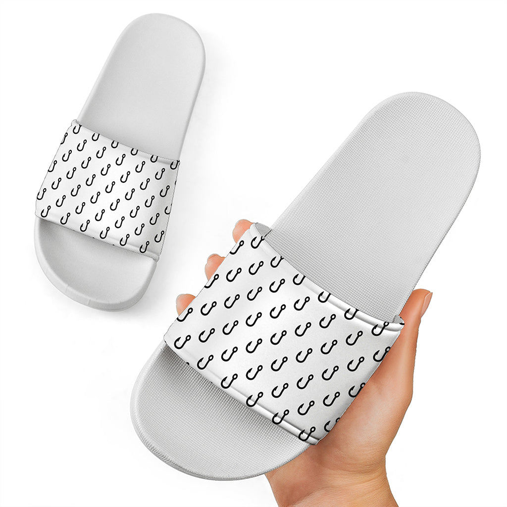 White And Black Fishing Hooks Print White Slide Sandals