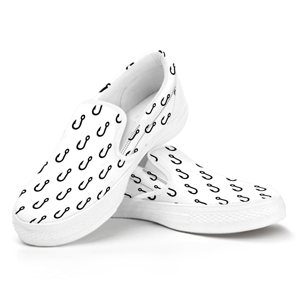 White And Black Fishing Hooks Print White Slip On Shoes