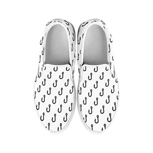 White And Black Fishing Hooks Print White Slip On Shoes