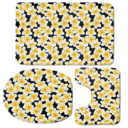 White And Black Frangipani Pattern Print 3 Piece Bath Mat Set