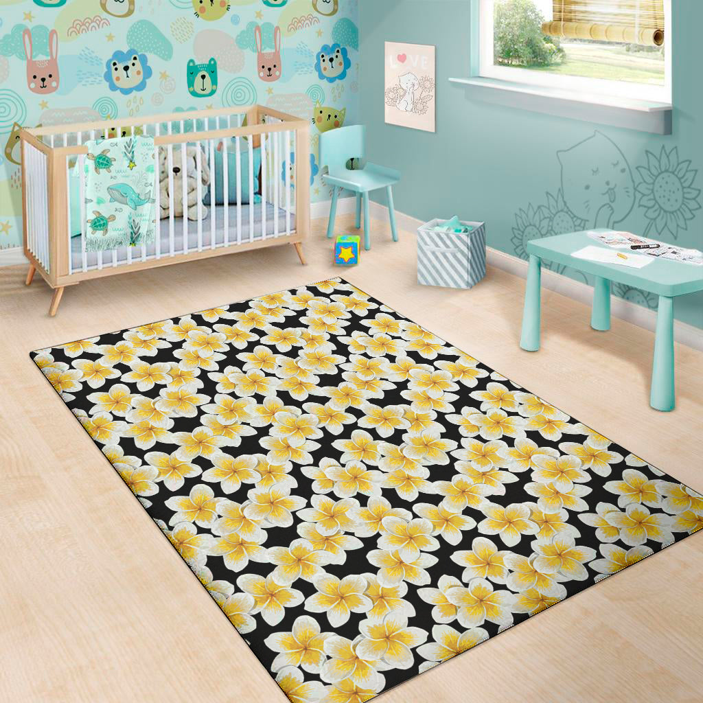 White And Black Frangipani Pattern Print Area Rug