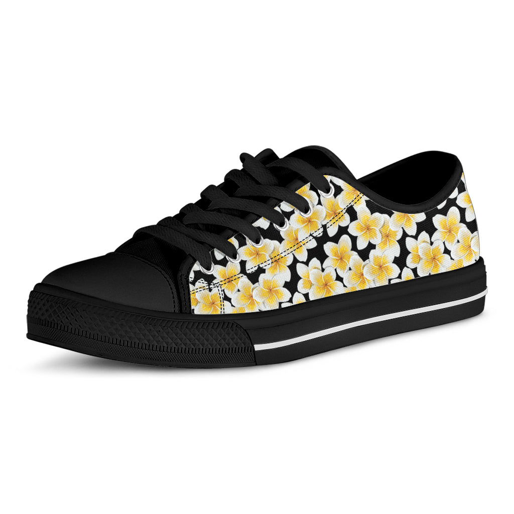 White And Black Frangipani Pattern Print Black Low Top Shoes