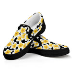 White And Black Frangipani Pattern Print Black Slip On Shoes