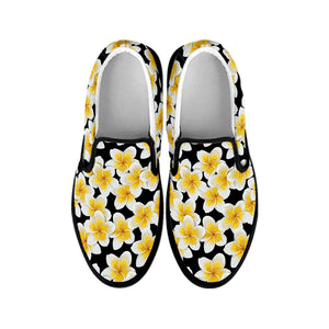 White And Black Frangipani Pattern Print Black Slip On Shoes