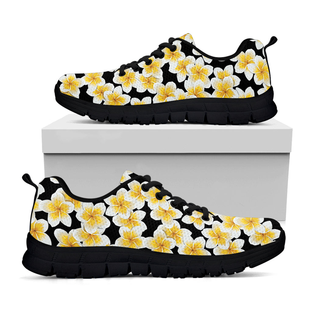 White And Black Frangipani Pattern Print Black Sneakers