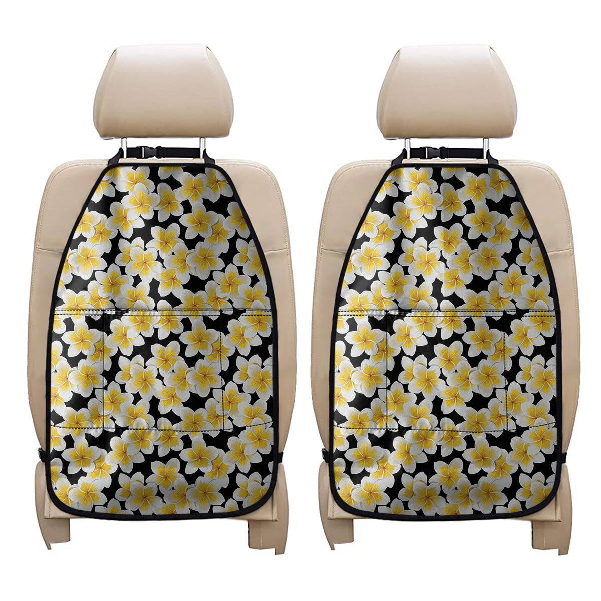 White And Black Frangipani Pattern Print Car Seat Organizers