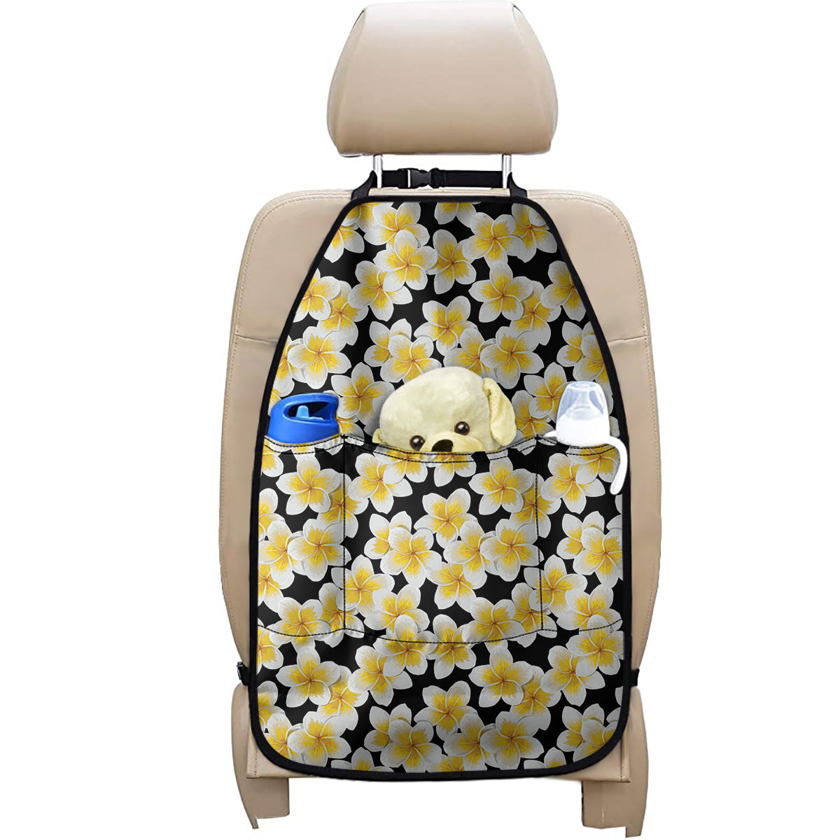 White And Black Frangipani Pattern Print Car Seat Organizers