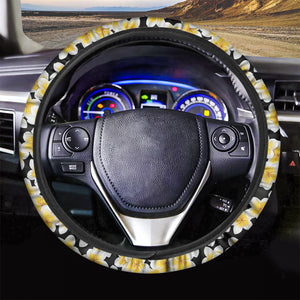 White And Black Frangipani Pattern Print Car Steering Wheel Cover