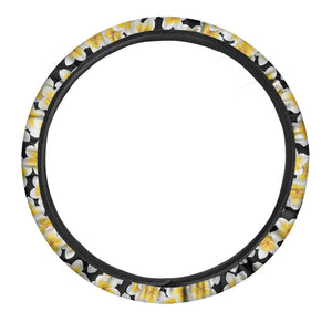 White And Black Frangipani Pattern Print Car Steering Wheel Cover