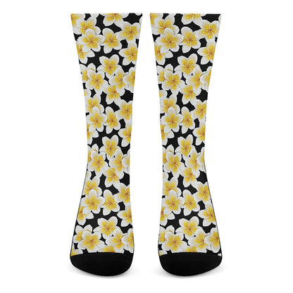 White And Black Frangipani Pattern Print Crew Socks