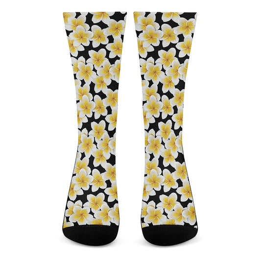 White And Black Frangipani Pattern Print Crew Socks