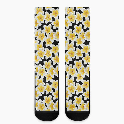 White And Black Frangipani Pattern Print Crew Socks