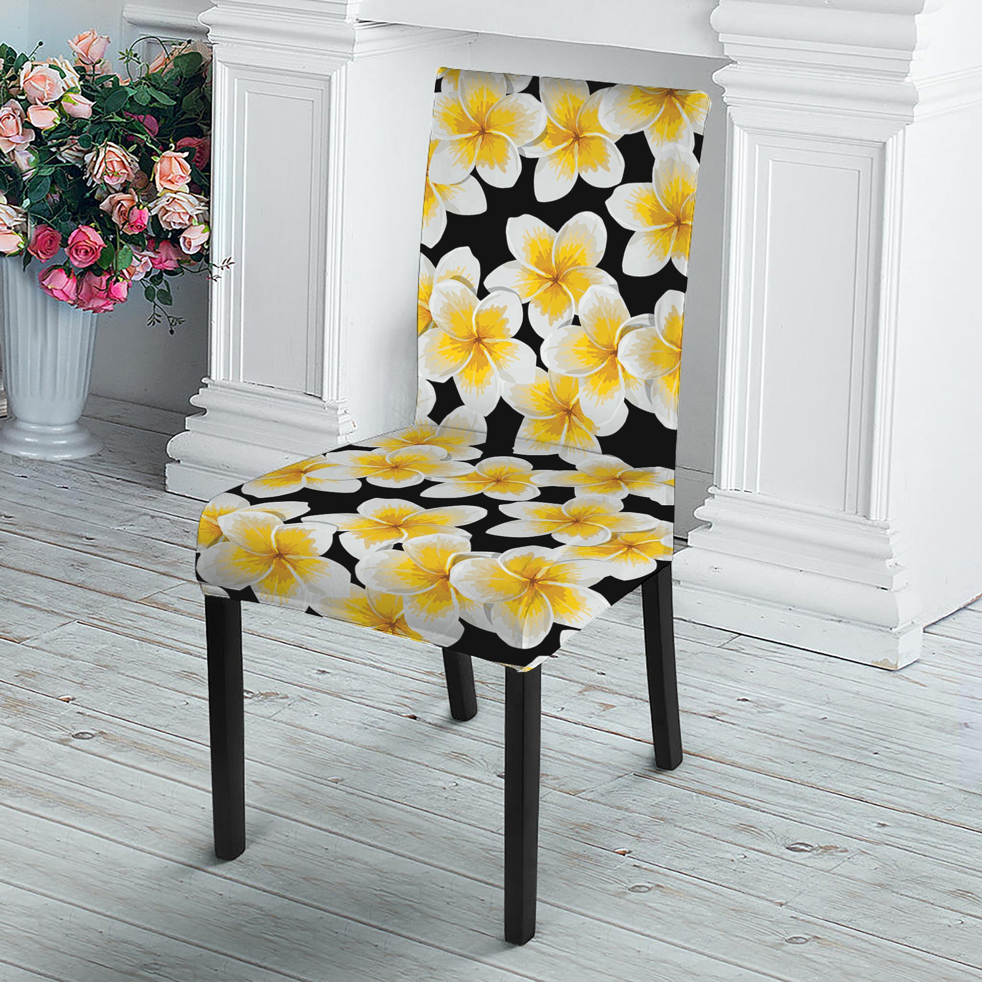 White And Black Frangipani Pattern Print Dining Chair Slipcover
