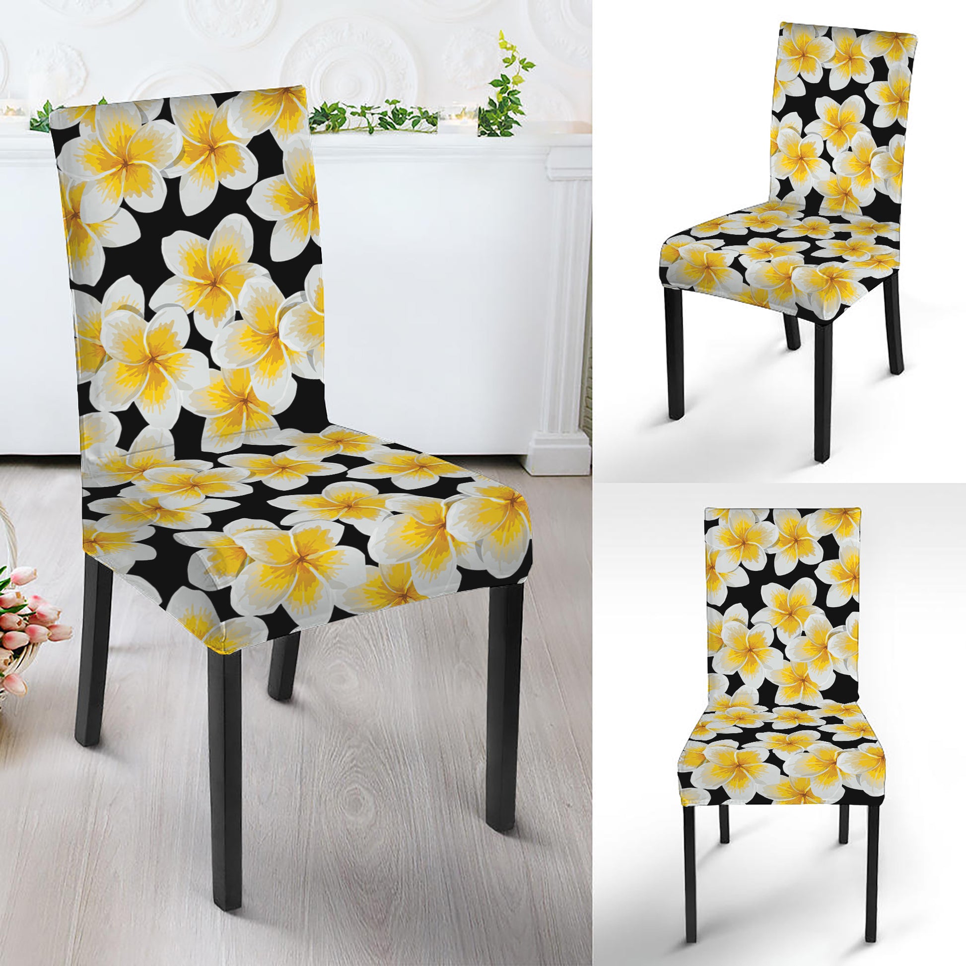 White And Black Frangipani Pattern Print Dining Chair Slipcover