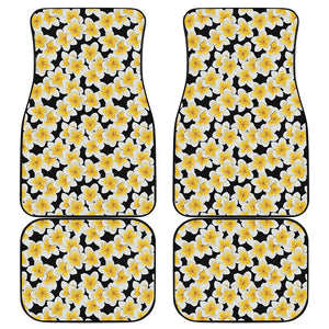 White And Black Frangipani Pattern Print Front and Back Car Floor Mats