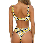 White And Black Frangipani Pattern Print Front Bow Tie Bikini