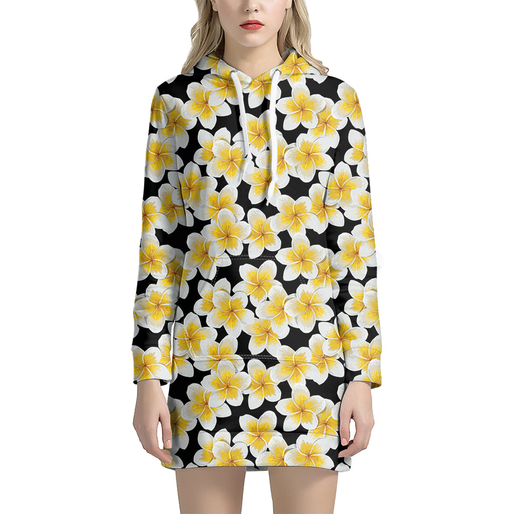 White And Black Frangipani Pattern Print Hoodie Dress