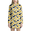 White And Black Frangipani Pattern Print Hoodie Dress