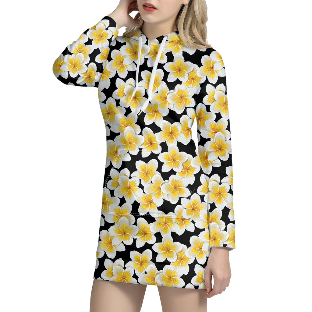 White And Black Frangipani Pattern Print Hoodie Dress