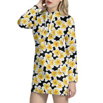 White And Black Frangipani Pattern Print Hoodie Dress