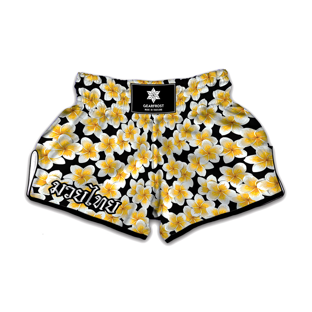 White And Black Frangipani Pattern Print Muay Thai Boxing Shorts