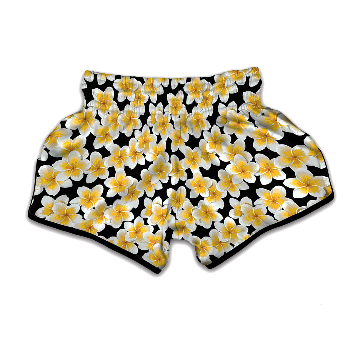 White And Black Frangipani Pattern Print Muay Thai Boxing Shorts