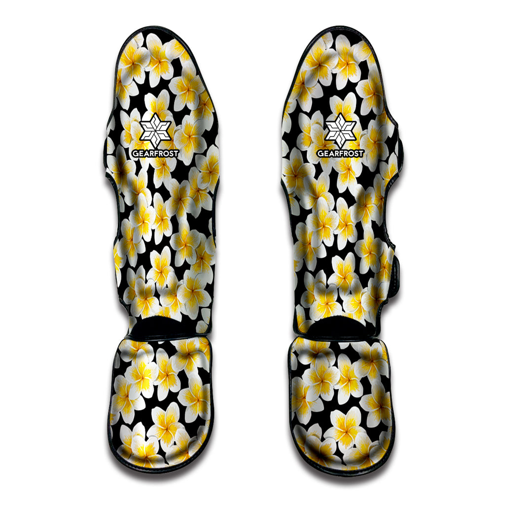 White And Black Frangipani Pattern Print Muay Thai Shin Guard