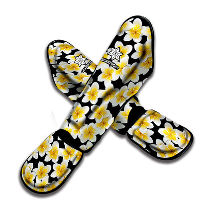 White And Black Frangipani Pattern Print Muay Thai Shin Guard