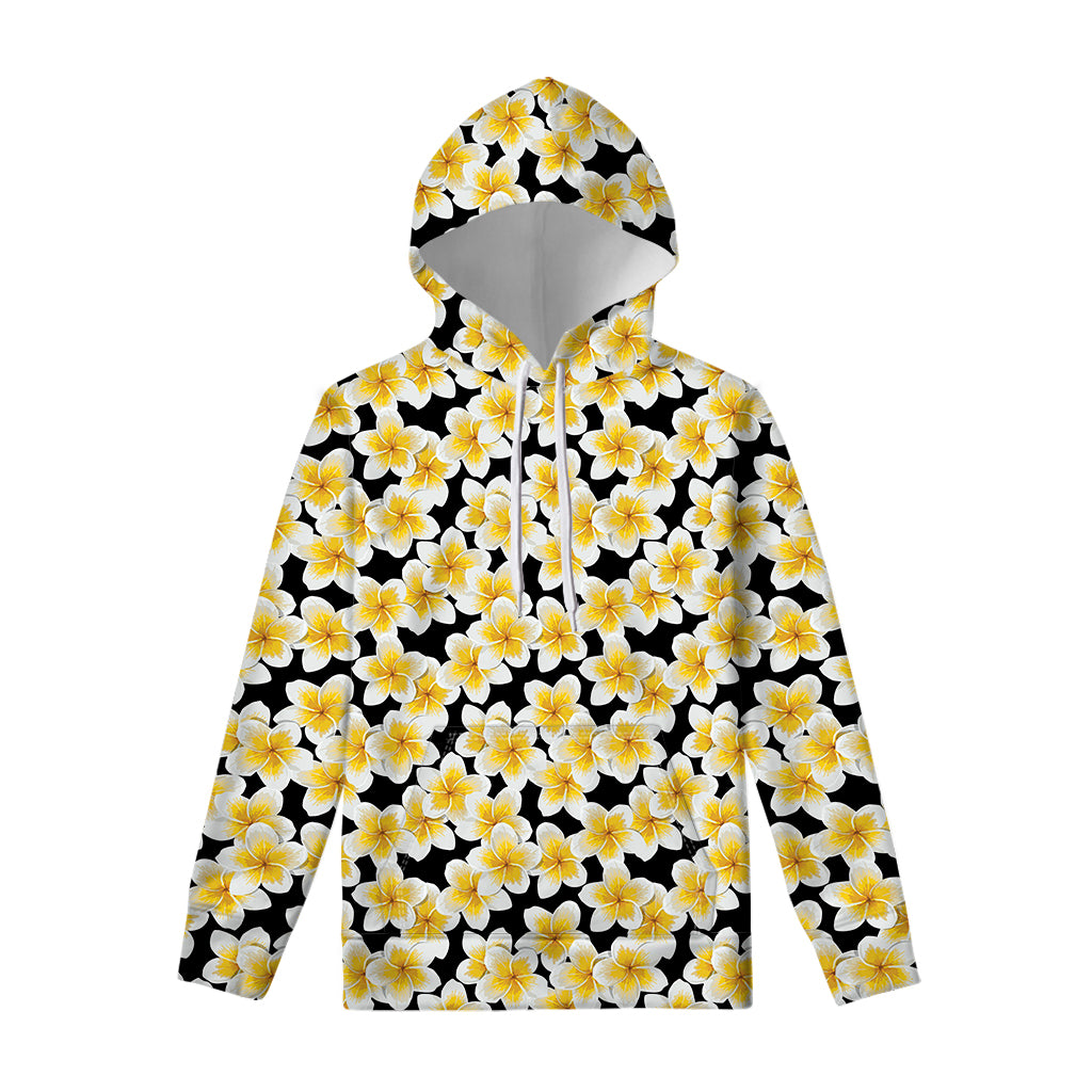 White And Black Frangipani Pattern Print Pullover Hoodie