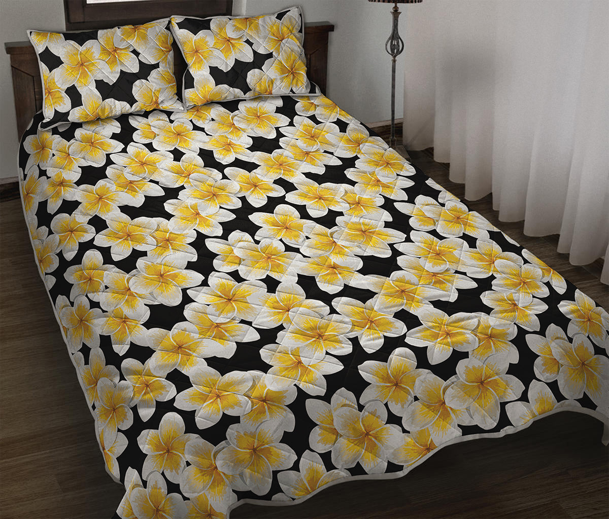 White And Black Frangipani Pattern Print Quilt Bed Set