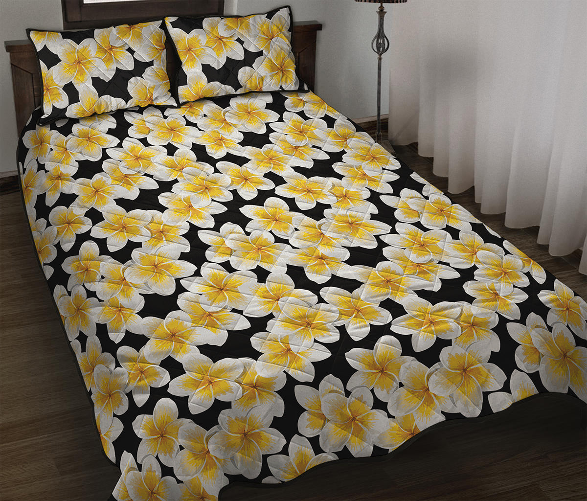 White And Black Frangipani Pattern Print Quilt Bed Set