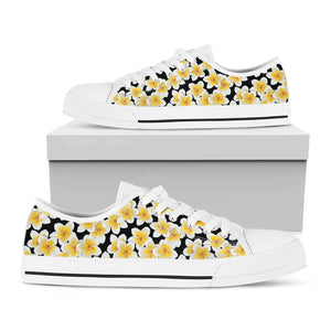 White And Black Frangipani Pattern Print White Low Top Shoes