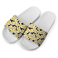 White And Black Frangipani Pattern Print White Slide Sandals
