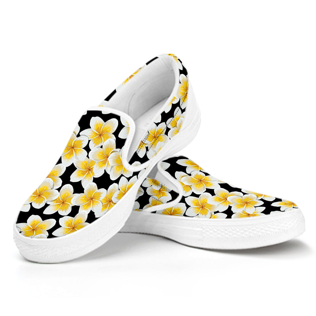 White And Black Frangipani Pattern Print White Slip On Shoes