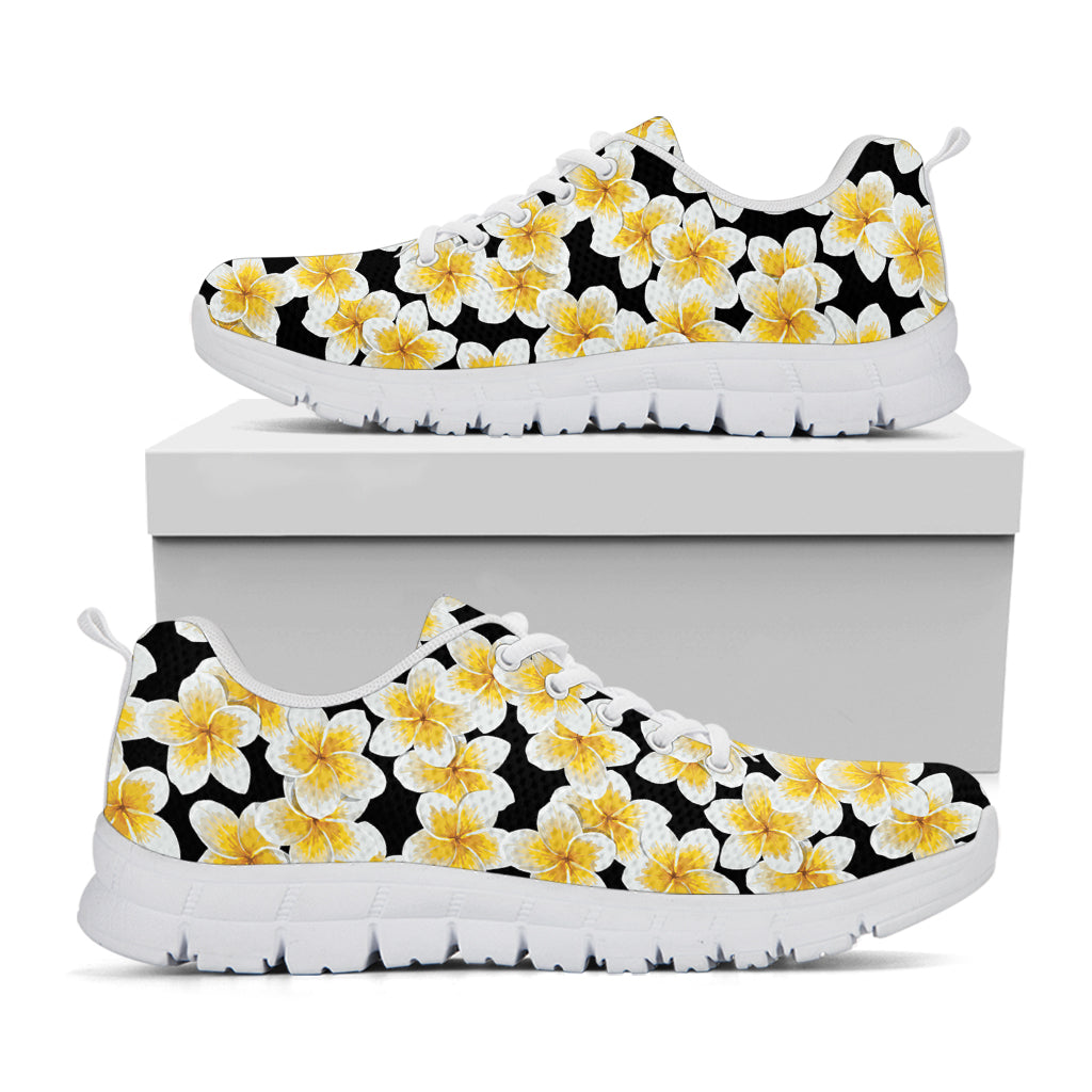White And Black Frangipani Pattern Print White Sneakers